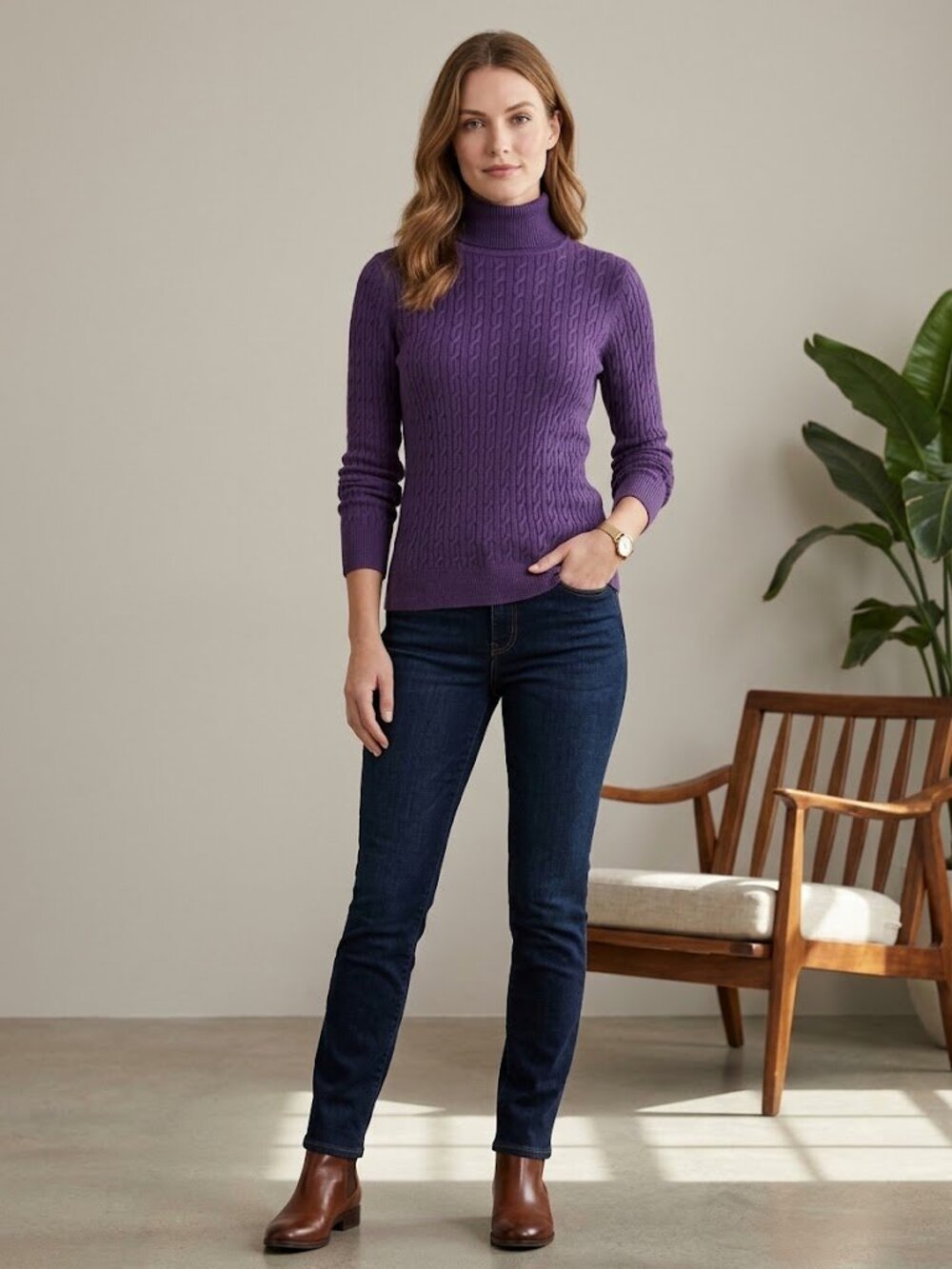 Talbots 100% Pima Cotton Cable-Knit Turtleneck Sweater in Purple